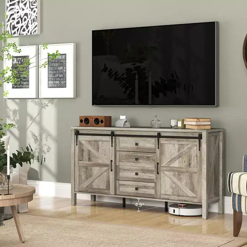 HOMCOM Credenza a buffet in stile rustico da 150 cm con piano spesso, mobile bar da caffè con ante scorrevoli a granaio, cassetti, ripiani regolabili