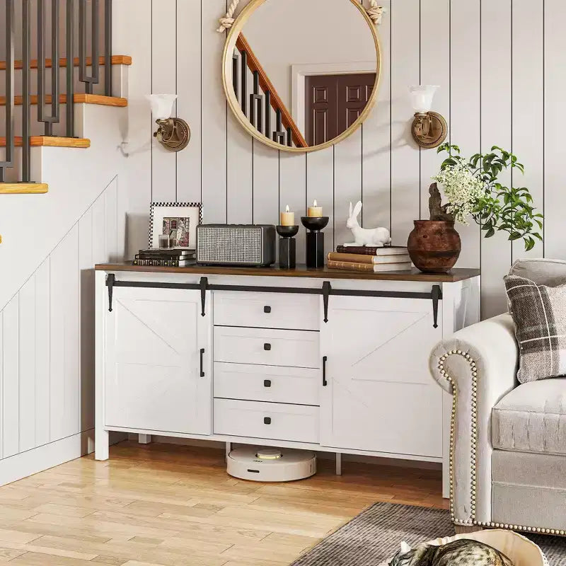 HOMCOM Credenza a buffet in stile rustico da 150 cm con piano spesso, mobile bar da caffè con ante scorrevoli a granaio, cassetti, ripiani regolabili