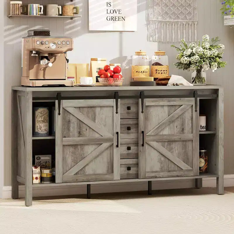 HOMCOM 59 Inch Farmhouse Sideboard Buffet Cabinet with Thick Top, Coffee Bar Cabinet with Sliding Barn Doors, Drawers, Adjustable Shelves