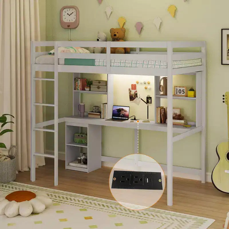 Costway Twin Loft Bed with LED Light & Power Outlet Desk Storage Shelves & Cabinet