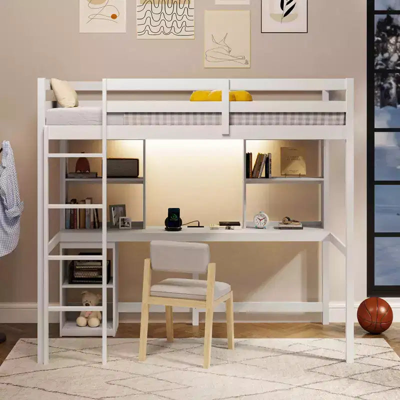 Costway Twin Loft Bed with LED Light & Power Outlet Desk Storage Shelves & Cabinet