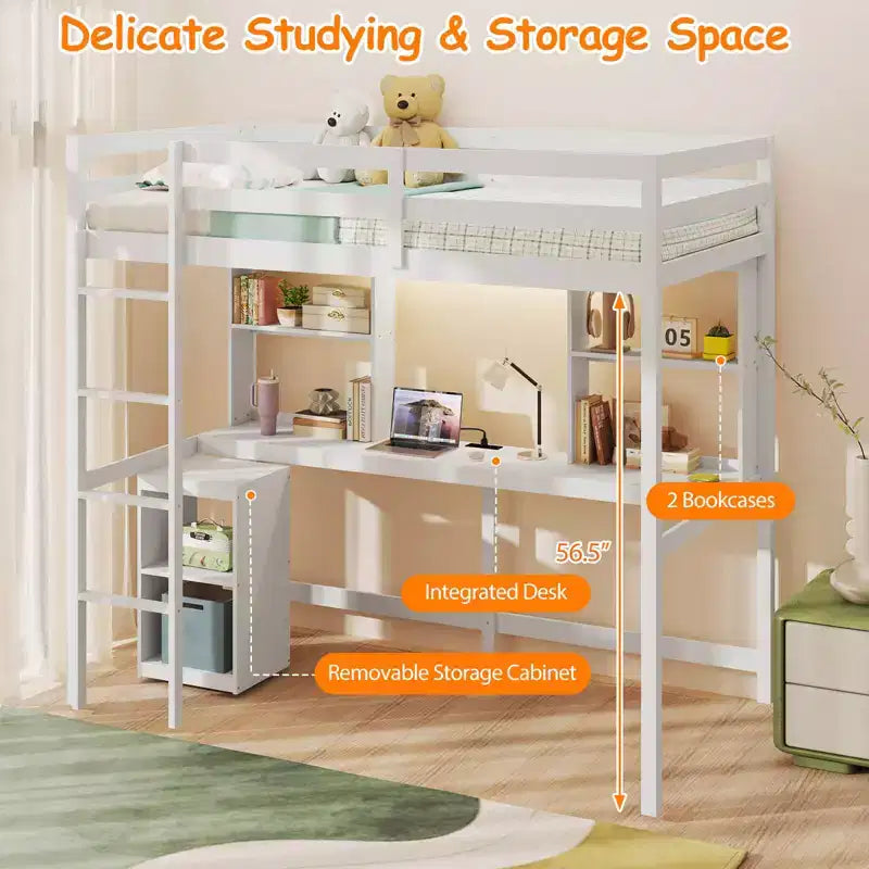 Costway Twin Loft Bed with LED Light & Power Outlet Desk Storage Shelves & Cabinet