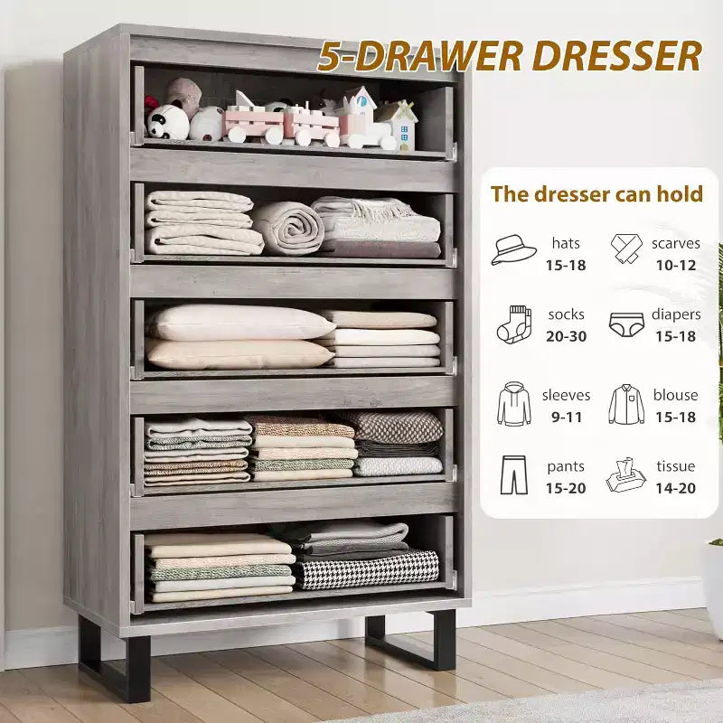 Cassettiera a cinque cassetti da 35,4 pollici, materiale PB+MDF+metallo, cinque cassetti portaoggetti, altezza regolabile, stile moderno-semplice e rustico