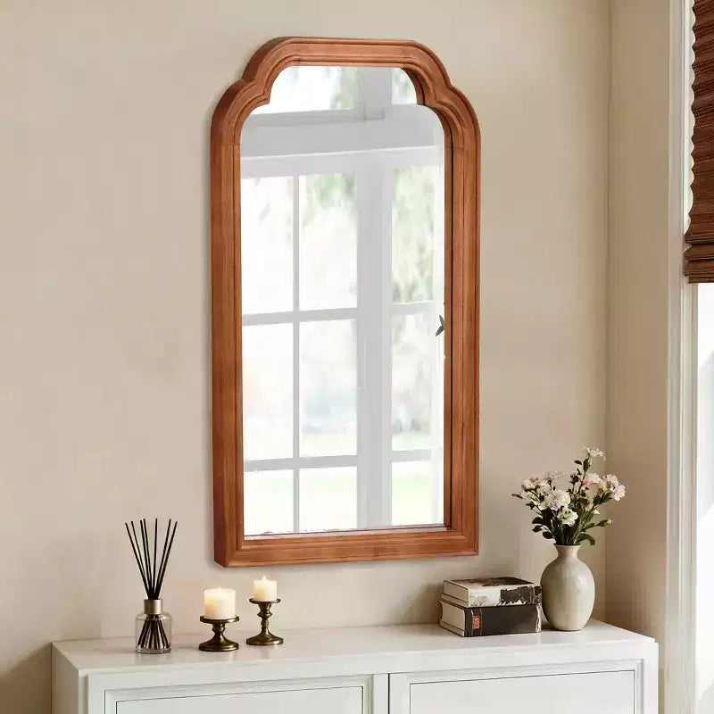 MAYEERTY Specchio decorativo con cornice in legno massello 24 x 36 angoli arrotondati per camera da letto, bagno, soggiorno, marrone giallastro