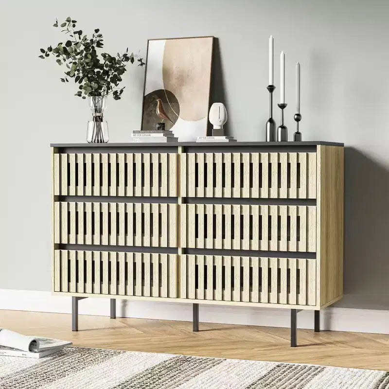 Okak Minimalist Fluted Dresser with 6 Drawers, Modern Clothes Storage Cabinet Two-tone Design Large Capacity for Bedroom Hallway Living Room