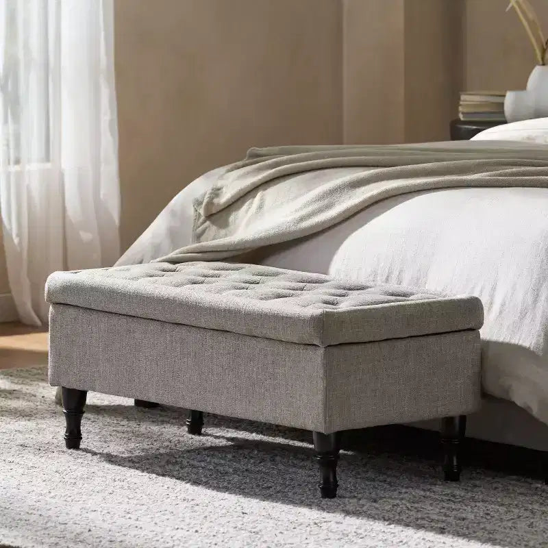 Okak Storage Ottoman Bench with Tufted Button Upholstered Multifunctional Footrest Stool Bed Bench with Spindle Wood Legs for Couch Bedroom