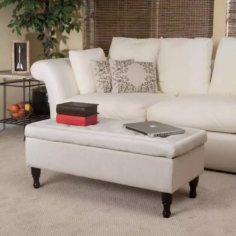 Okak Storage Ottoman Bench with Tufted Button Upholstered Multifunctional Footrest Stool Bed Bench with Spindle Wood Legs for Couch Bedroom