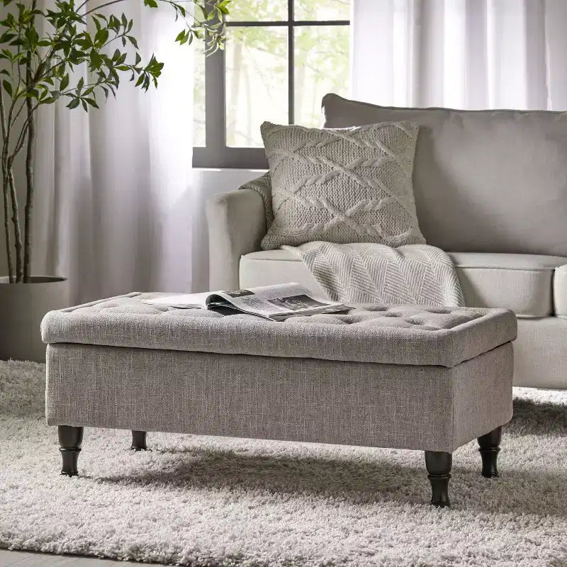 Okak Storage Ottoman Bench with Tufted Button Upholstered Multifunctional Footrest Stool Bed Bench with Spindle Wood Legs for Couch Bedroom