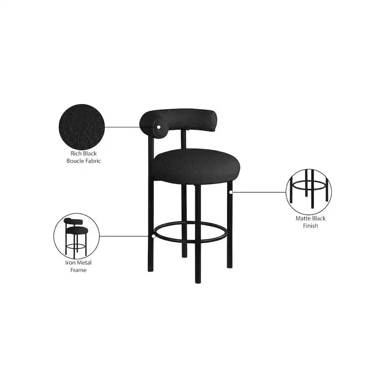 Meridian Furniture, Sgabello Bordeaux in tessuto Bouclé nero, Set da 2
