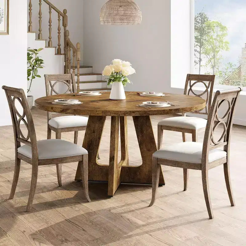 47-Inch Round Large Dining Table Set for 4 to 6, Farmhouse Dinner Table with Wooden Top and Legs - (No Chairs)