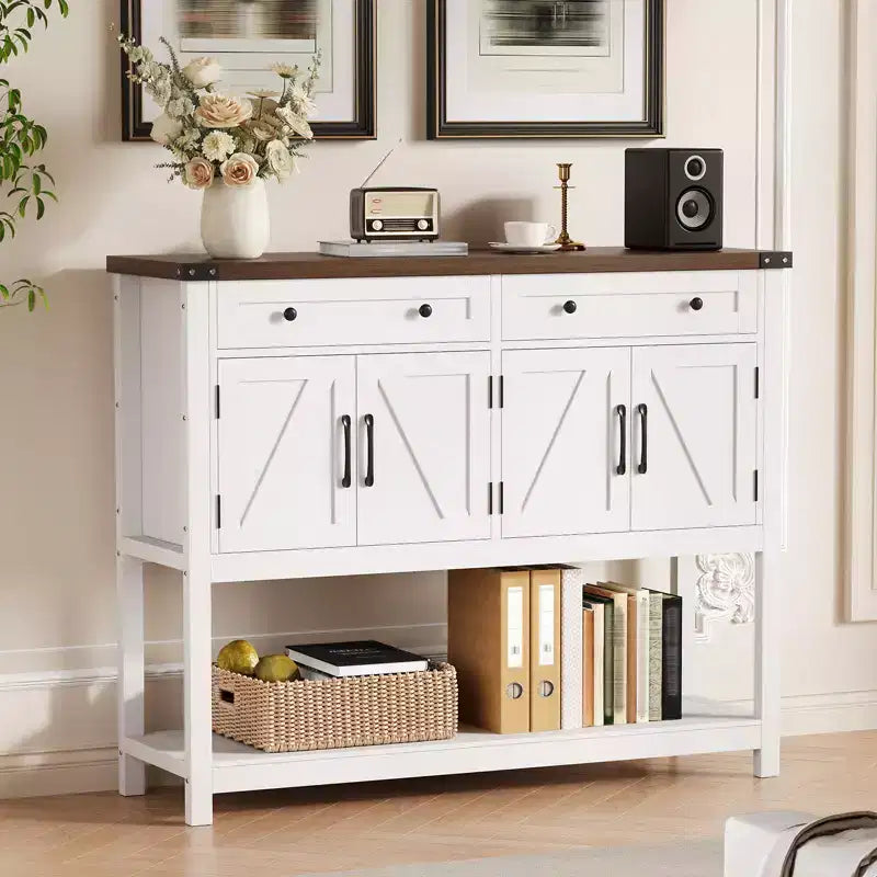 47.2 Tavolo consolle rustico, con 2 cassetti, 4 ante e ripiano aperto, mobile bar per caffè, credenza stretta per cucina, corridoio, soggiorno