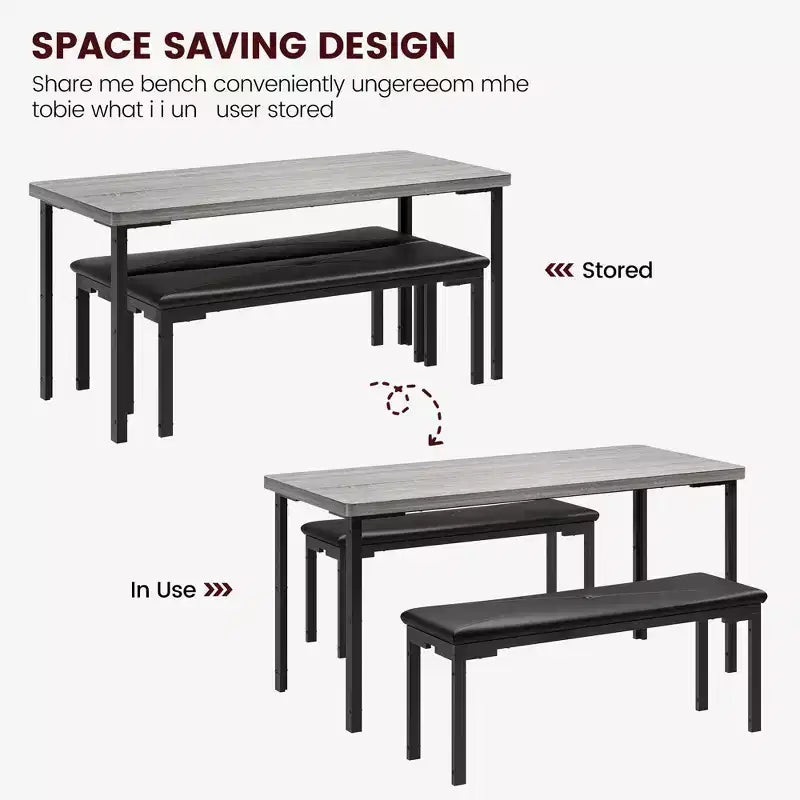 43'' Long Dining Table Set for 4, Rectangle Kitchen Table Set with 2 Upholstered Benches, 3-Piece Space-Saving Kitchen and Dining Room Furniture
