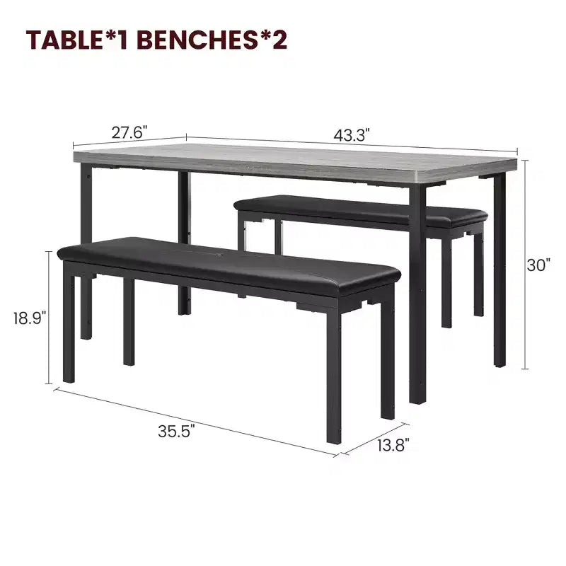 43'' Long Dining Table Set for 4, Rectangle Kitchen Table Set with 2 Upholstered Benches, 3-Piece Space-Saving Kitchen and Dining Room Furniture