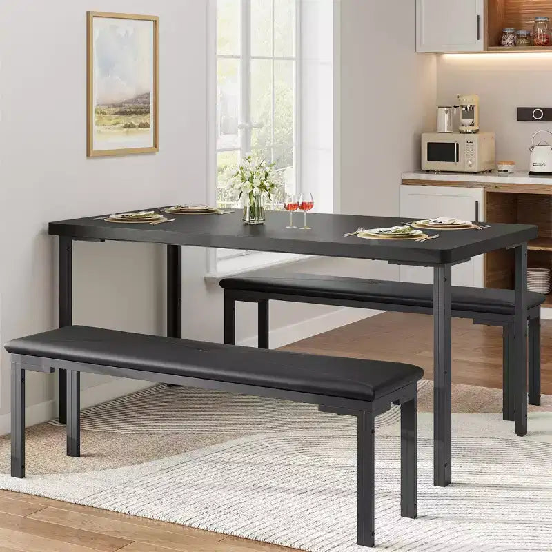 43'' Long Dining Table Set for 4, Rectangle Kitchen Table Set with 2 Upholstered Benches, 3-Piece Space-Saving Kitchen and Dining Room Furniture