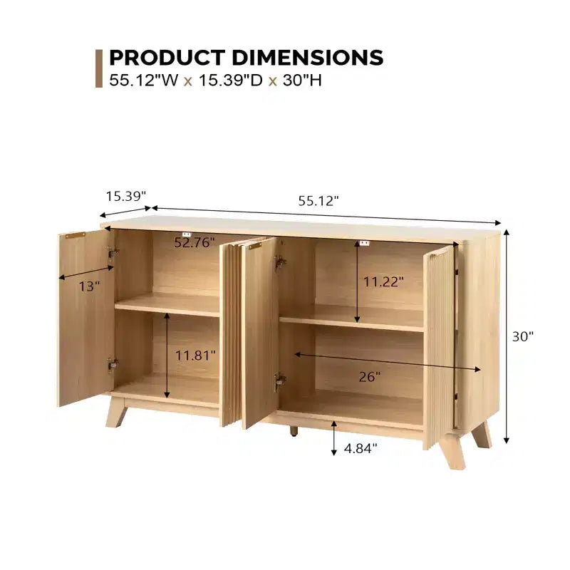 VINGLI Fluted Sideboard Buffet Cabinet with Storage, Storage Cabinet with Doors and Adjustable Shelves, Buffet for Kitchen, Natural Oak