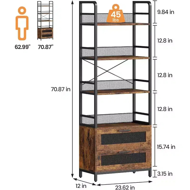 Acekool 70.9 Industrial Bookshelf with Drawers, 4-Tier Rustic Bookcase for Living Room, Bedroom, Home Office, Brown