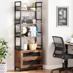 Acekool 70.9 Industrial Bookshelf with Drawers, 4-Tier Rustic Bookcase for Living Room, Bedroom, Home Office, Brown