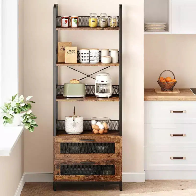 Acekool 70.9 Industrial Bookshelf with Drawers, 4-Tier Rustic Bookcase for Living Room, Bedroom, Home Office, Brown