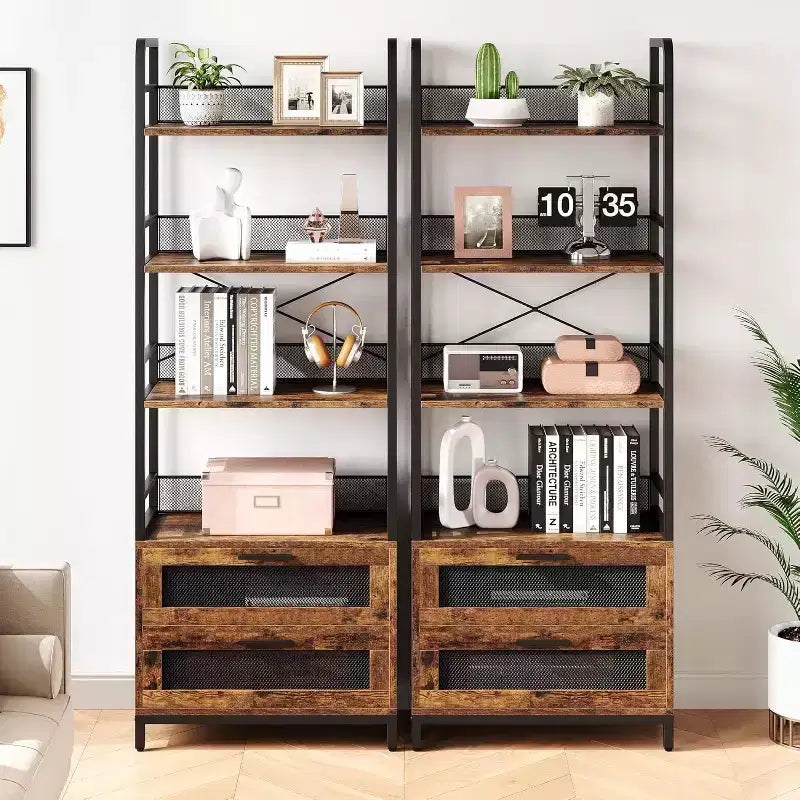 Acekool 70.9 Industrial Bookshelf with Drawers, 4-Tier Rustic Bookcase for Living Room, Bedroom, Home Office, Brown