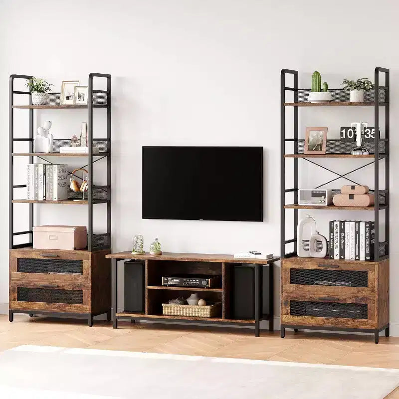 Acekool 70.9 Industrial Bookshelf with Drawers, 4-Tier Rustic Bookcase for Living Room, Bedroom, Home Office, Brown