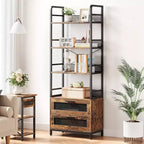 Acekool 70.9 Industrial Bookshelf with Drawers, 4-Tier Rustic Bookcase for Living Room, Bedroom, Home Office, Brown
