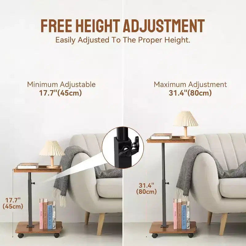 CuisinSmart C Shaped Side Table, Small Couch End Tables Adjustable Height with Swivel Top, TV Tray Desk with Wheels for Living Room, Bedroom, Couch