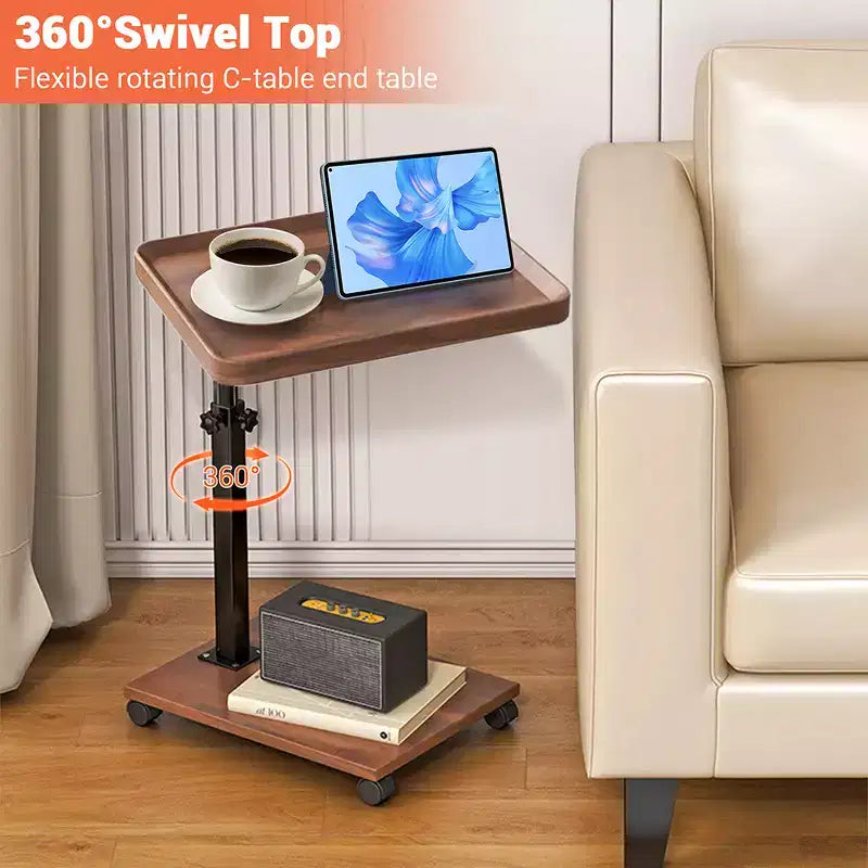 CuisinSmart C Shaped Side Table, Small Couch End Tables Adjustable Height with Swivel Top, TV Tray Desk with Wheels for Living Room, Bedroom, Couch