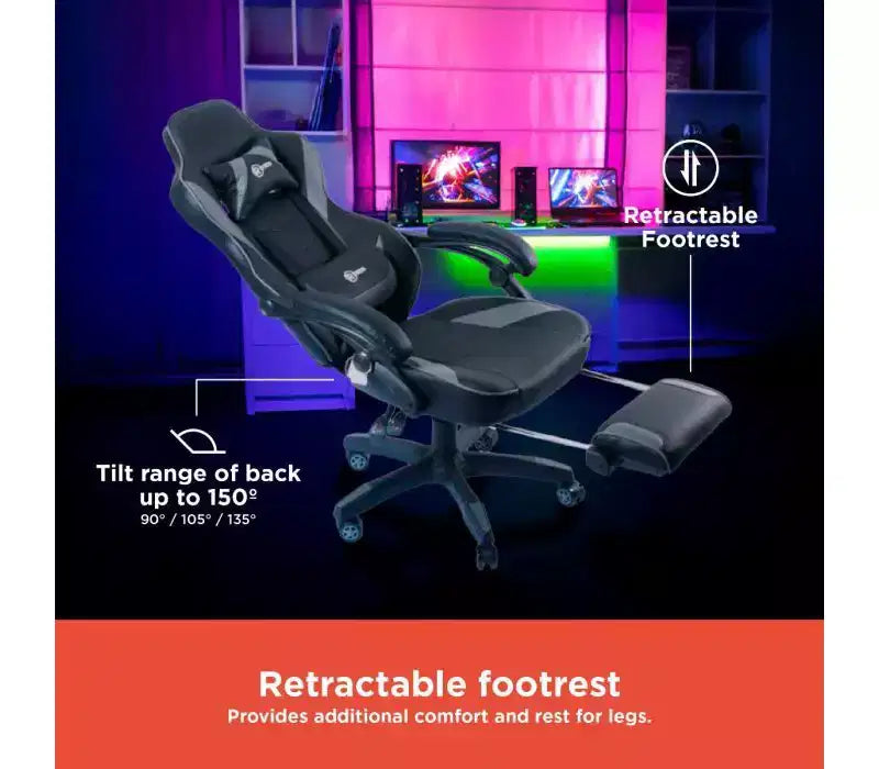 Sedia da gaming RadioShack nera e grigia, sedia ergonomica stile racing con altezza regolabile, poggiapiedi, supporto lombare e imbottitura confortevole