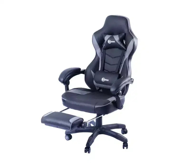 Sedia da gaming RadioShack nera e grigia, sedia ergonomica stile racing con altezza regolabile, poggiapiedi, supporto lombare e imbottitura confortevole
