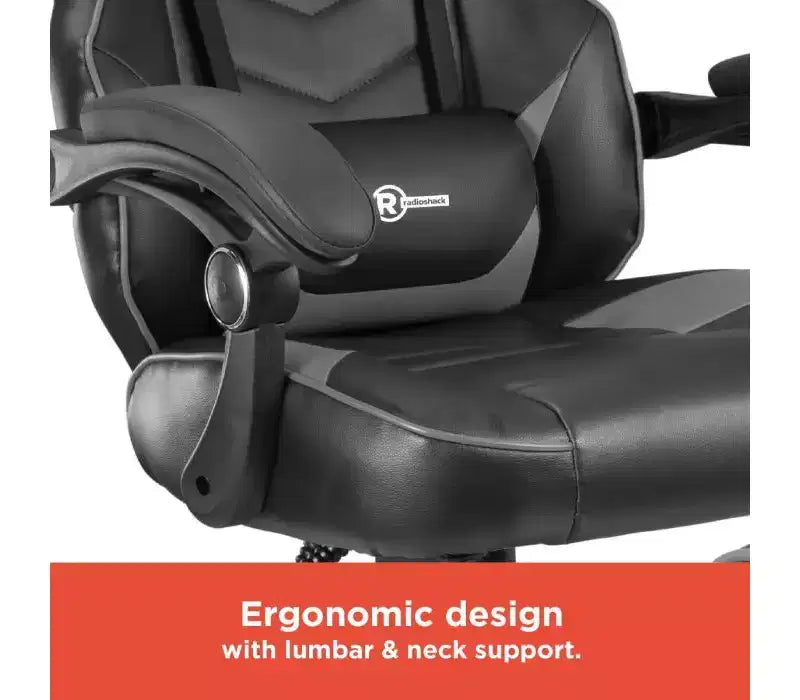 Sedia da gaming RadioShack nera e grigia, sedia ergonomica stile racing con altezza regolabile, poggiapiedi, supporto lombare e imbottitura confortevole