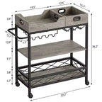 Carrello Bar Acekool per la casa, Carrello a 3 Livelli con Vassoio Rimovibile, Struttura in Metallo Marrone Grigio, Ripiani di Servizio per Cucina Sala da Pranzo