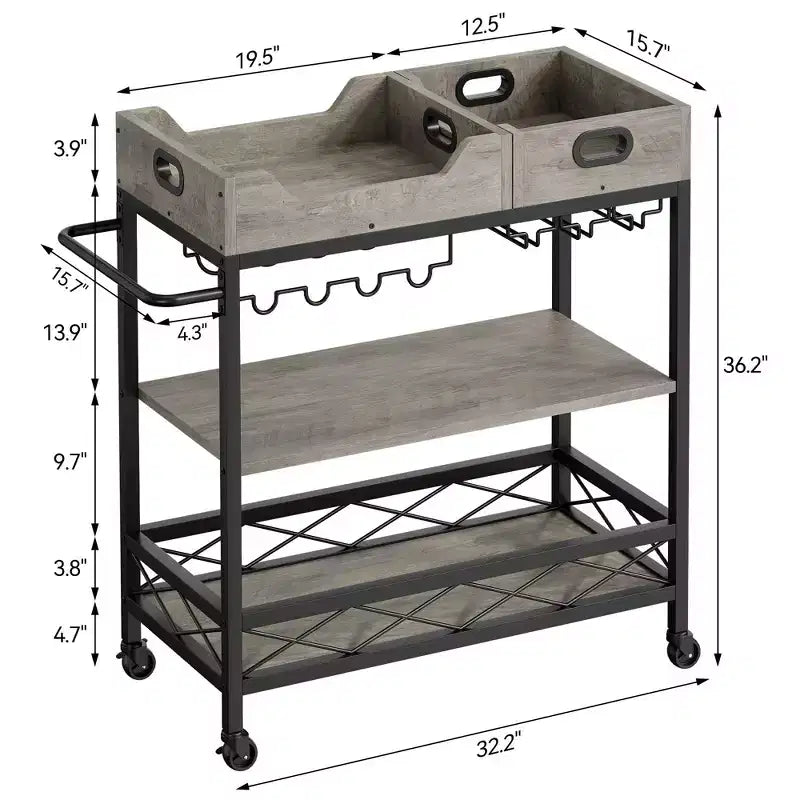 Carrello Bar Acekool per la casa, Carrello a 3 Livelli con Vassoio Rimovibile, Struttura in Metallo Marrone Grigio, Ripiani di Servizio per Cucina Sala da Pranzo
