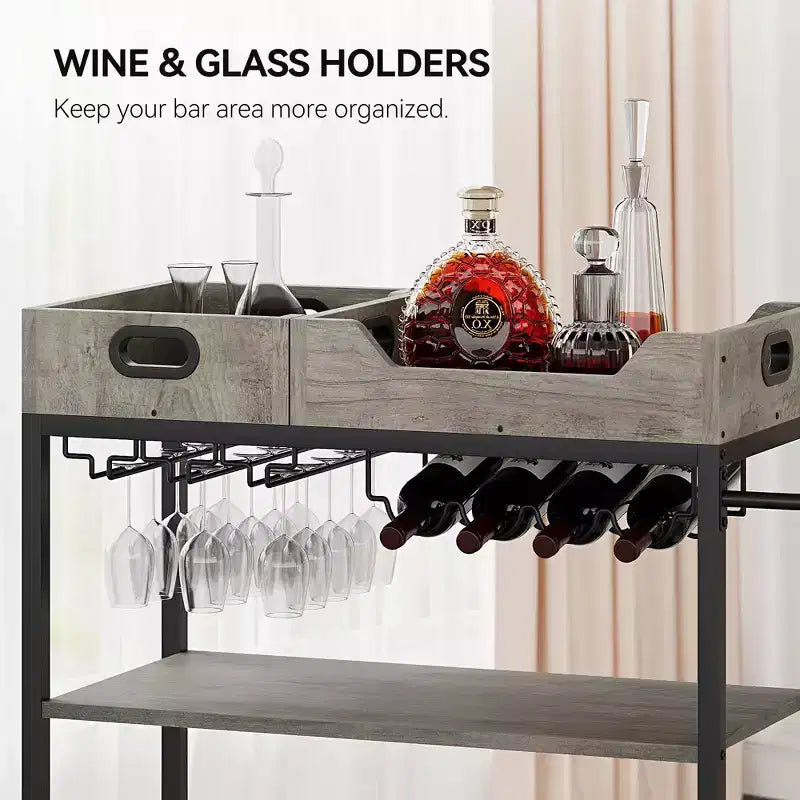 Carrello Bar Acekool per la casa, Carrello a 3 Livelli con Vassoio Rimovibile, Struttura in Metallo Marrone Grigio, Ripiani di Servizio per Cucina Sala da Pranzo