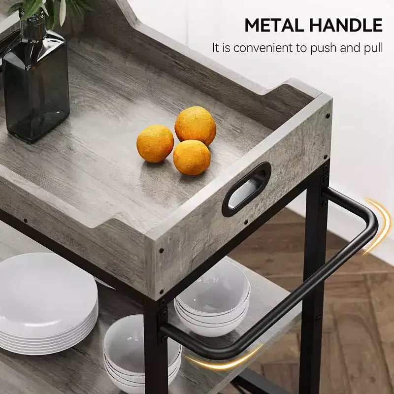 Carrello Bar Acekool per la casa, Carrello a 3 Livelli con Vassoio Rimovibile, Struttura in Metallo Marrone Grigio, Ripiani di Servizio per Cucina Sala da Pranzo