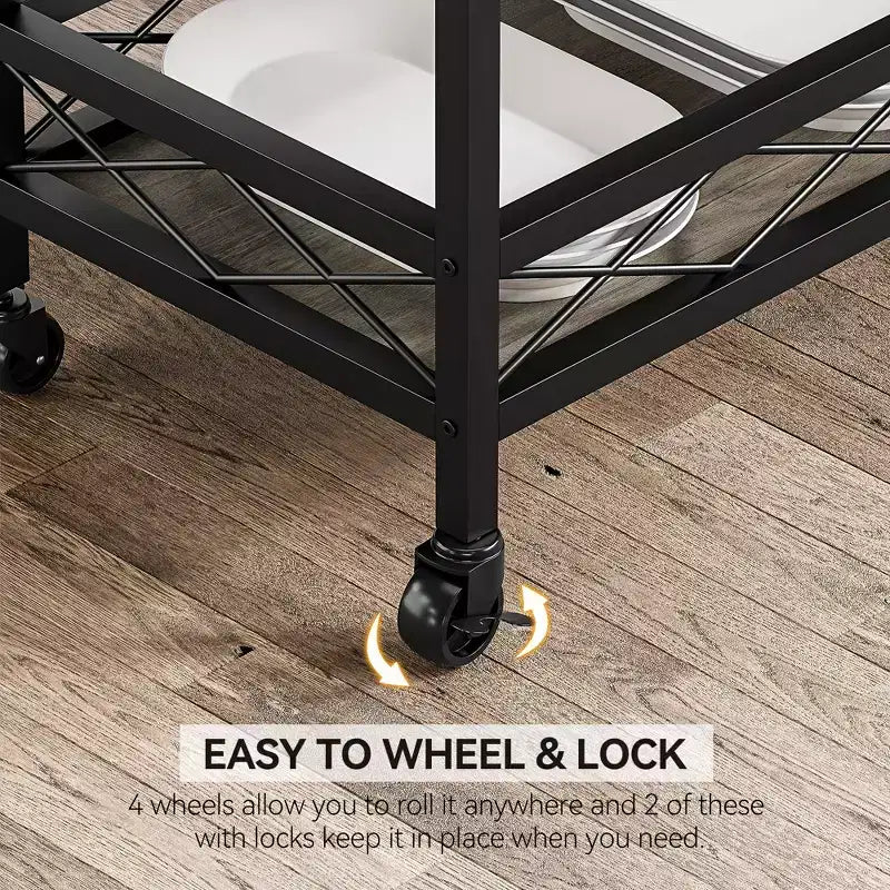 Carrello Bar Acekool per la casa, Carrello a 3 Livelli con Vassoio Rimovibile, Struttura in Metallo Marrone Grigio, Ripiani di Servizio per Cucina Sala da Pranzo