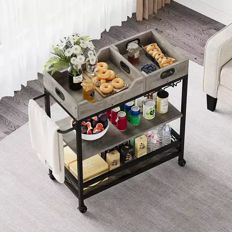 Carrello Bar Acekool per la casa, Carrello a 3 Livelli con Vassoio Rimovibile, Struttura in Metallo Marrone Grigio, Ripiani di Servizio per Cucina Sala da Pranzo