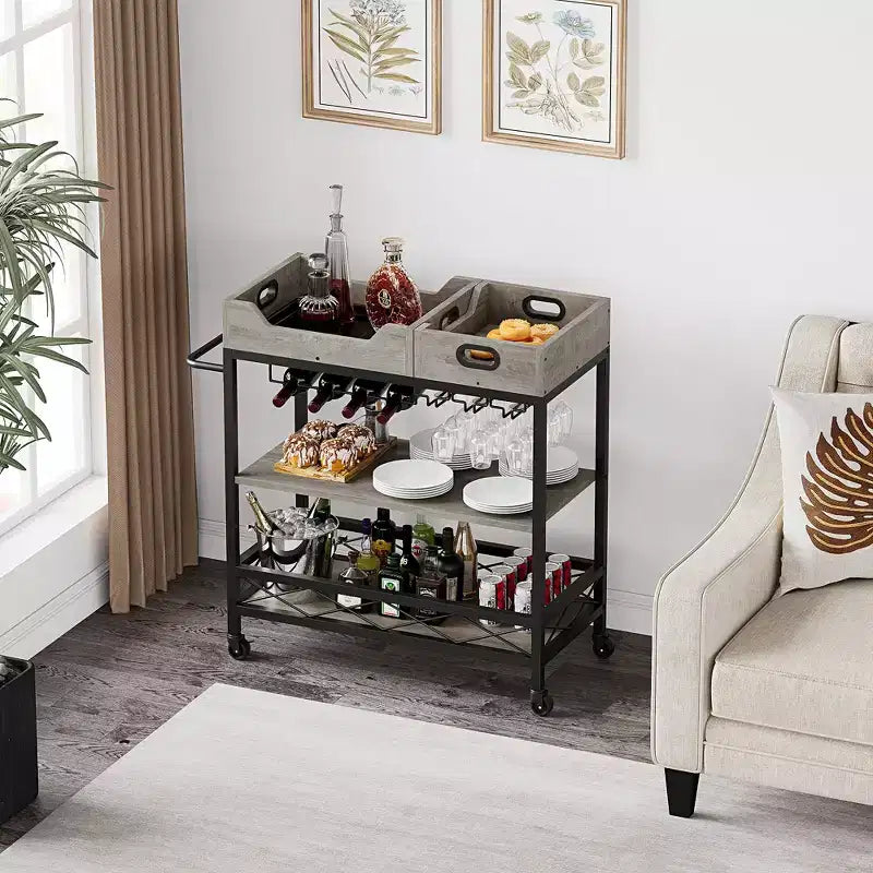 Carrello Bar Acekool per la casa, Carrello a 3 Livelli con Vassoio Rimovibile, Struttura in Metallo Marrone Grigio, Ripiani di Servizio per Cucina Sala da Pranzo