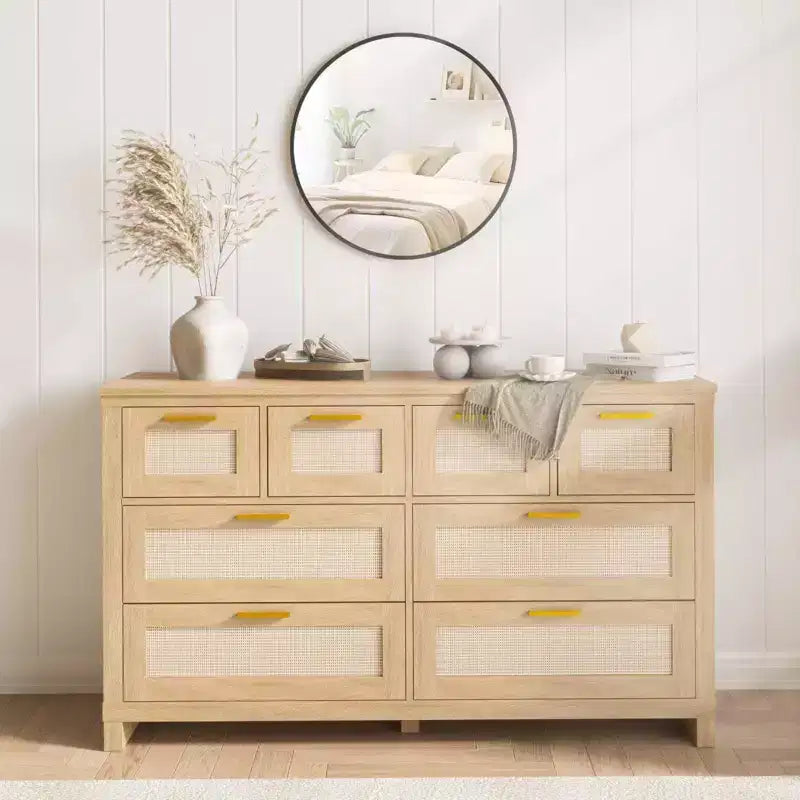 Dresser with 8 Drawers, Boho Modern Wooden Chest C Space-Saving Storage for Bedroom, Rattan & Lacquered Finish