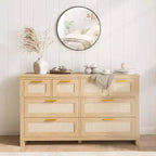 Dresser with 8 Drawers, Boho Modern Wooden Chest C Space-Saving Storage for Bedroom, Rattan & Lacquered Finish