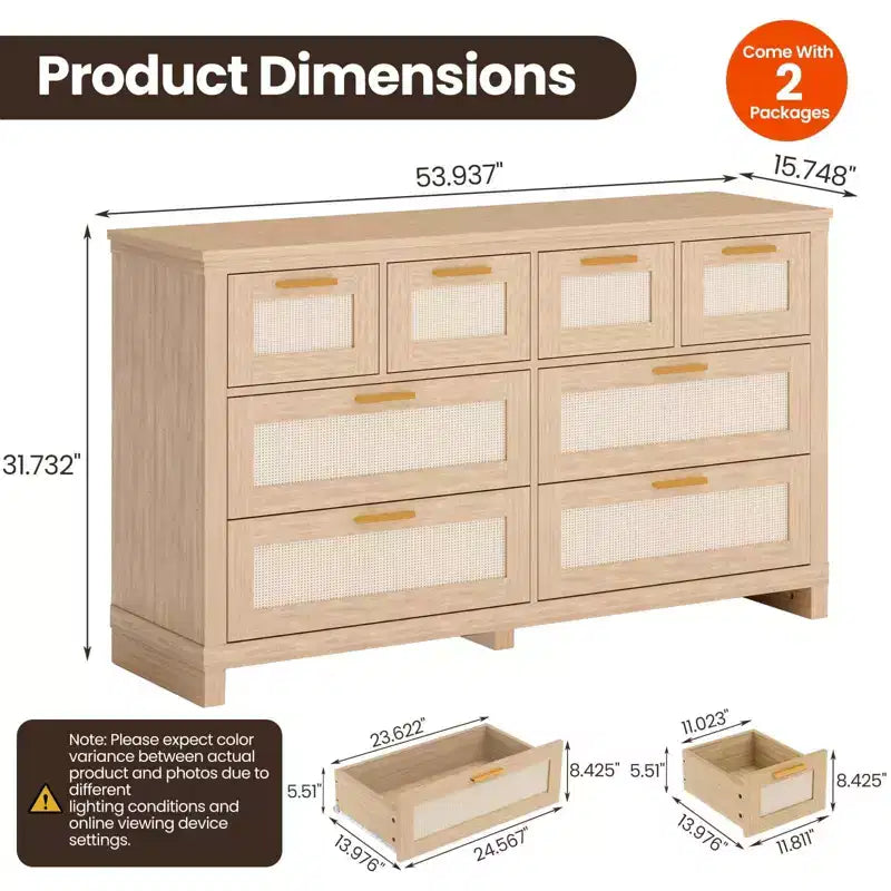 Cassettiera con 8 cassetti, comò moderno in legno stile boho, salvaspazio per camera da letto, finitura in rattan e laccata