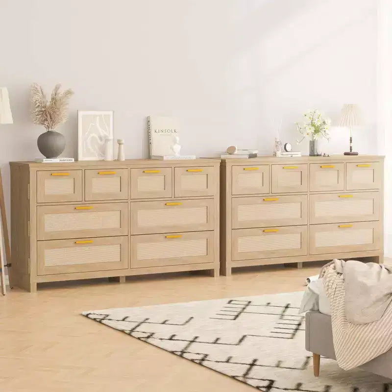 Cassettiera con 8 cassetti, comò moderno in legno stile boho, salvaspazio per camera da letto, finitura in rattan e laccata