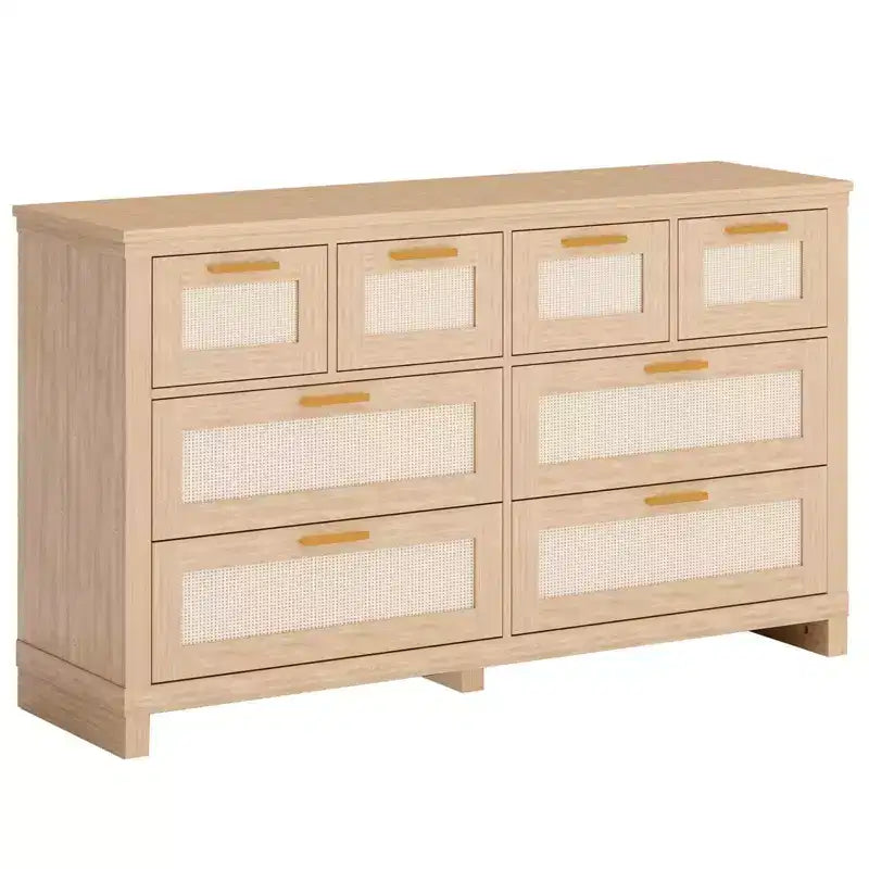 Cassettiera con 8 cassetti, comò moderno in legno stile boho, salvaspazio per camera da letto, finitura in rattan e laccata