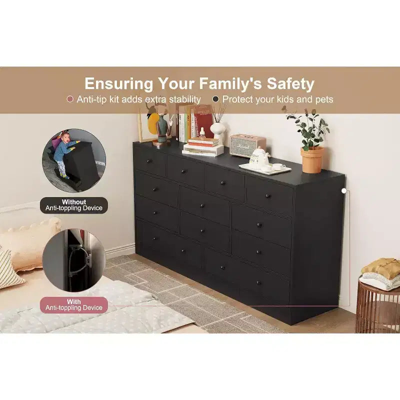 12 Drawers Dresser, 61 Large Drawers Black Dresser for Bedroom, Wood Dressers & Chest of Drawers for Bedroom, Living Room