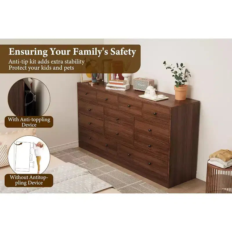 12 Drawers Dresser, 61 Large Drawers Black Dresser for Bedroom, Wood Dressers & Chest of Drawers for Bedroom, Living Room