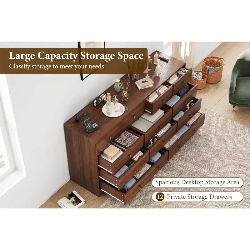 12 Drawers Dresser, 61 Large Drawers Black Dresser for Bedroom, Wood Dressers & Chest of Drawers for Bedroom, Living Room