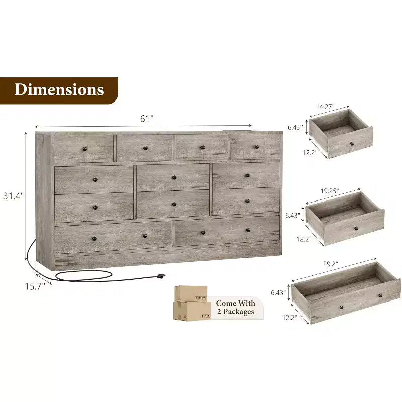 12 Drawers Dresser, 61 Large Drawers Black Dresser for Bedroom, Wood Dressers & Chest of Drawers for Bedroom, Living Room