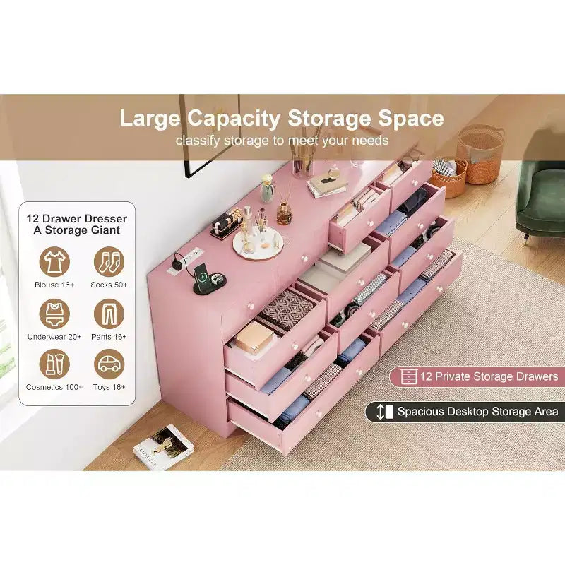 12 Drawers Dresser, 61 Large Drawers Black Dresser for Bedroom, Wood Dressers & Chest of Drawers for Bedroom, Living Room