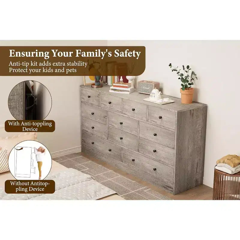 12 Drawers Dresser, 61 Large Drawers Black Dresser for Bedroom, Wood Dressers & Chest of Drawers for Bedroom, Living Room