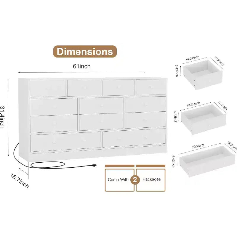 12 Drawers Dresser, 61 Large Drawers Black Dresser for Bedroom, Wood Dressers & Chest of Drawers for Bedroom, Living Room