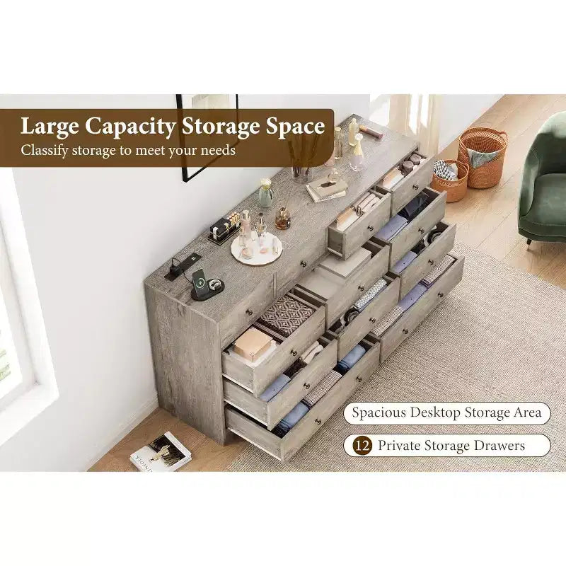 12 Drawers Dresser, 61 Large Drawers Black Dresser for Bedroom, Wood Dressers & Chest of Drawers for Bedroom, Living Room